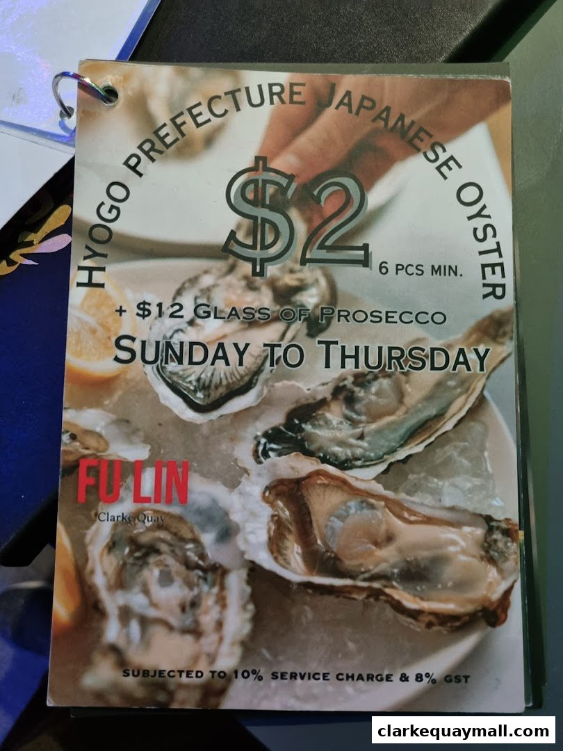A menu featuring Hyogo Prefecture Japanese Oysters at $2 per piece with a Prosecco offer.