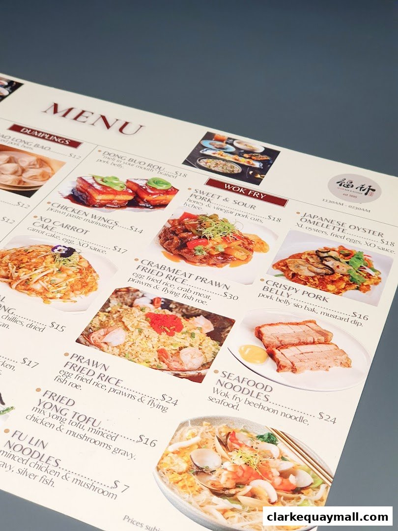 A menu from Fu Lin restaurant featuring various Chinese dishes with enticing images.