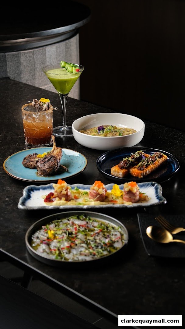 A spread of gourmet dishes and cocktails artfully arranged on a dark countertop.