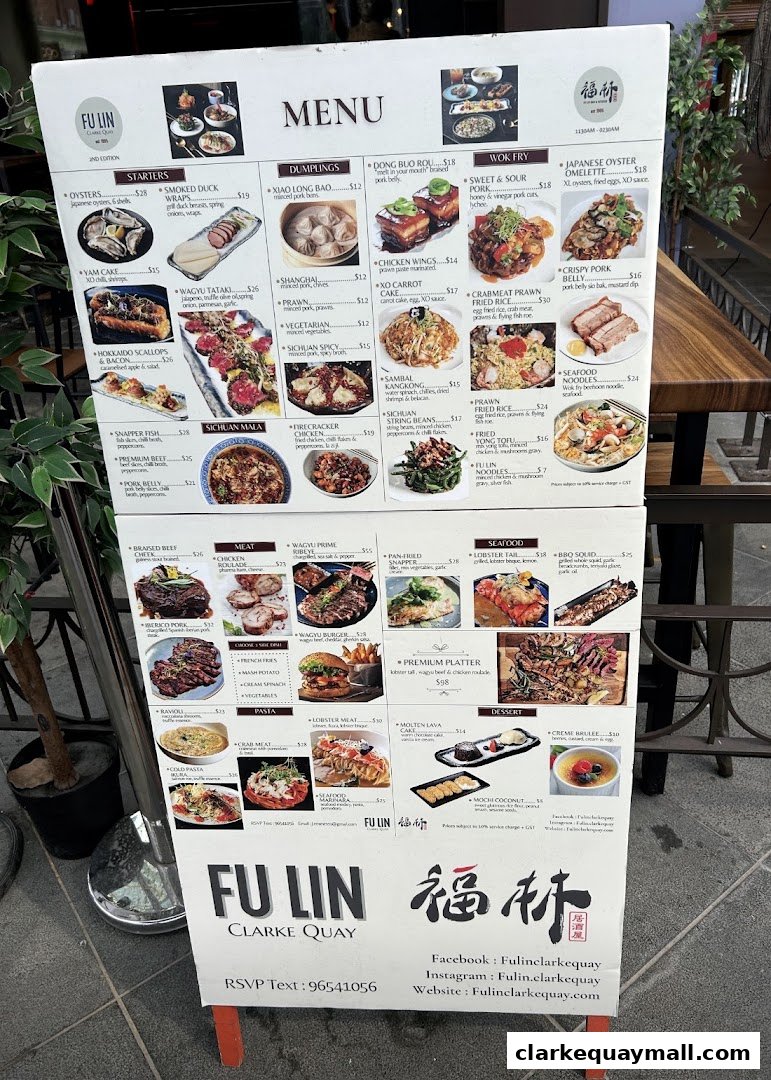 A menu board for Fu Lin restaurant at Clarke Quay, showcasing various dishes with images and prices.