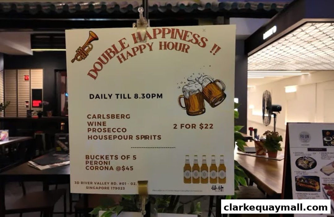 A sign advertising a happy hour with drinks and prices at Fu Lin.
