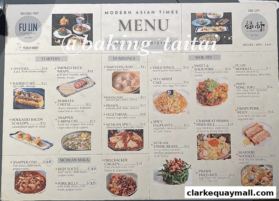 A menu from Fu Lin restaurant featuring starters, dumplings, wok fry, and Sichuan mala dishes.