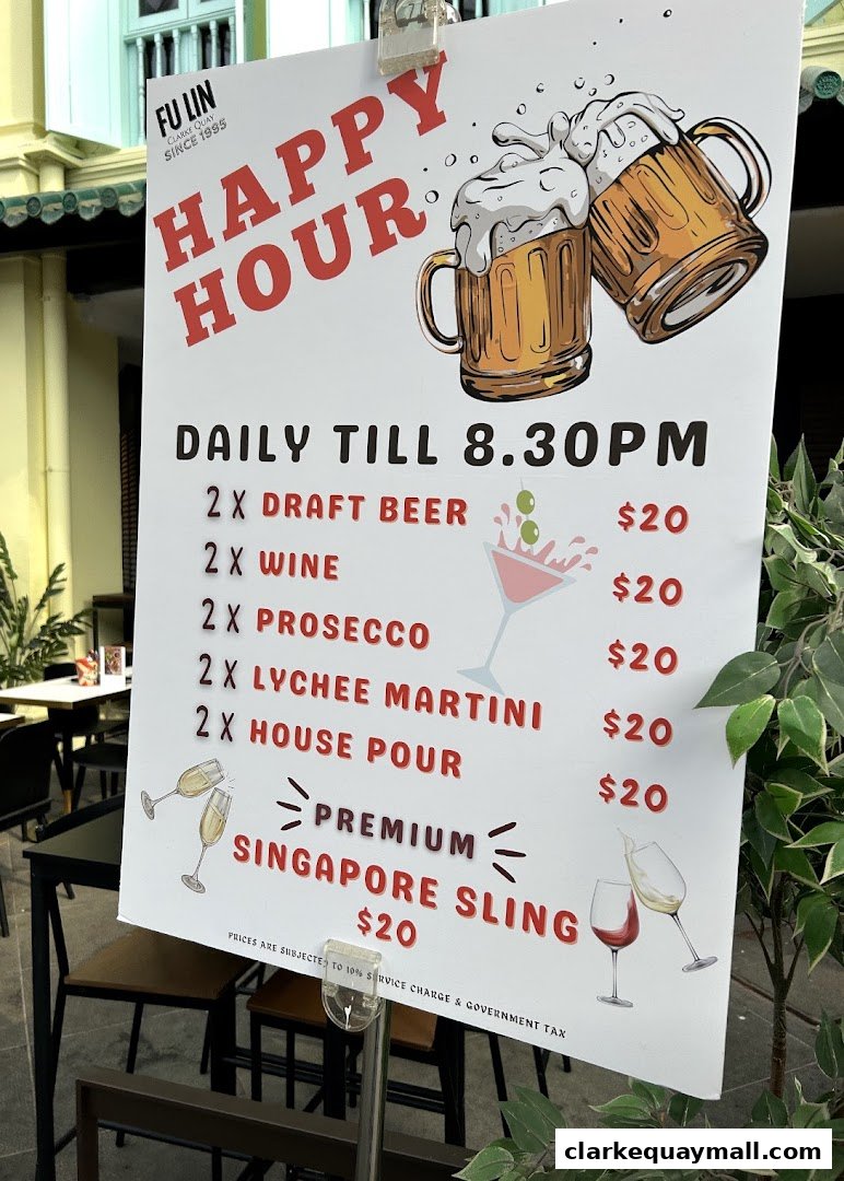 A happy hour promotion sign for Fu Lin, featuring drink specials and prices.