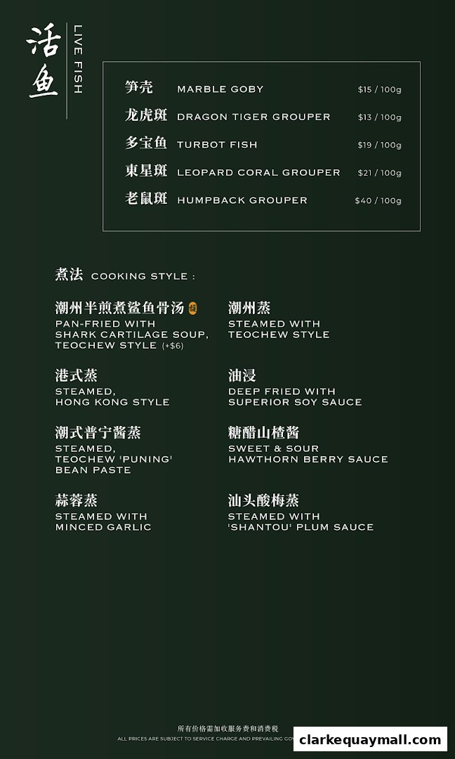 A menu from Fu Yuan Teochew Dining featuring live fish dishes and various cooking styles.