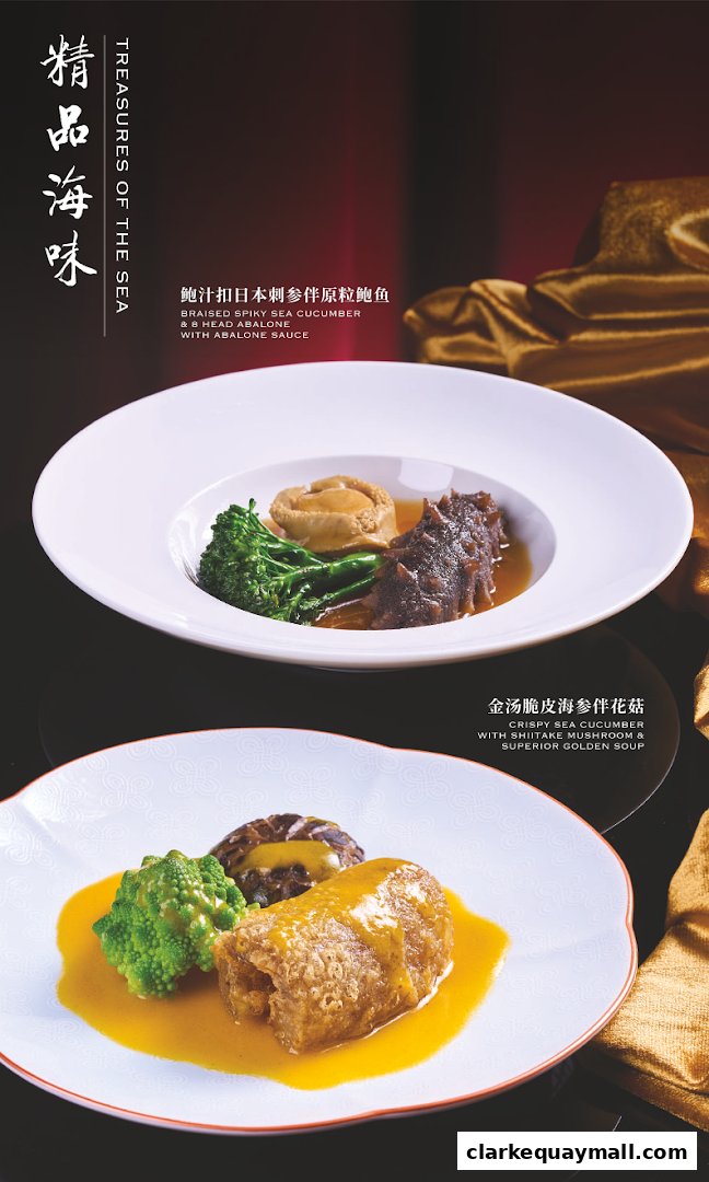 Two elegant dishes featuring sea cucumber, abalone, and broccoli, presented in white bowls with rich sauces.