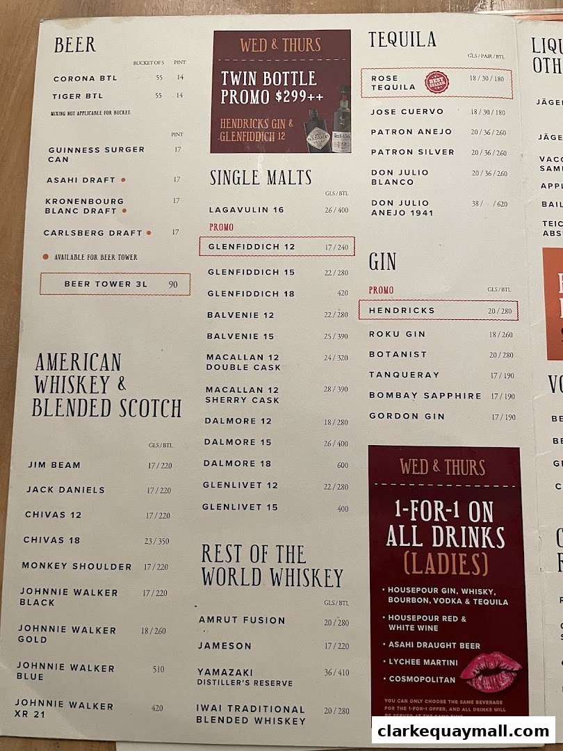 A menu featuring a wide selection of beers, tequilas, gins, and whiskies, with special offers.