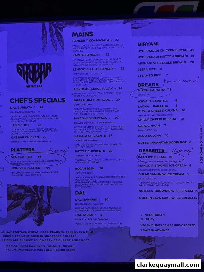 A menu from Gabbar Bistro Bar featuring Indian cuisine with categories like Mains, Biryani, Breads, Desserts, and Dal.