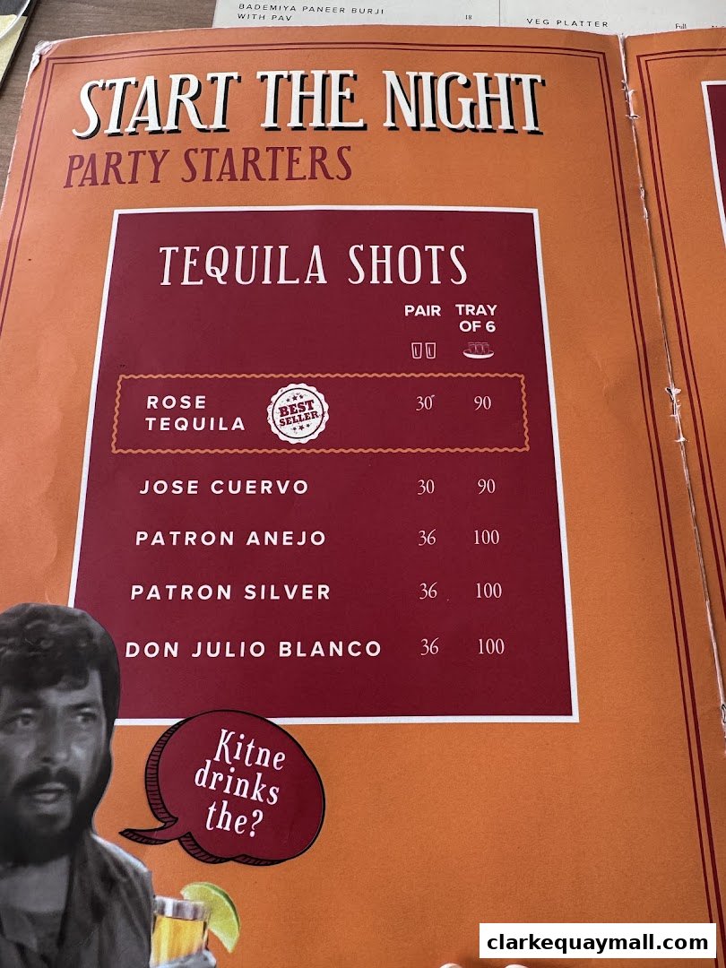A menu page featuring tequila shots and party starters with prices.