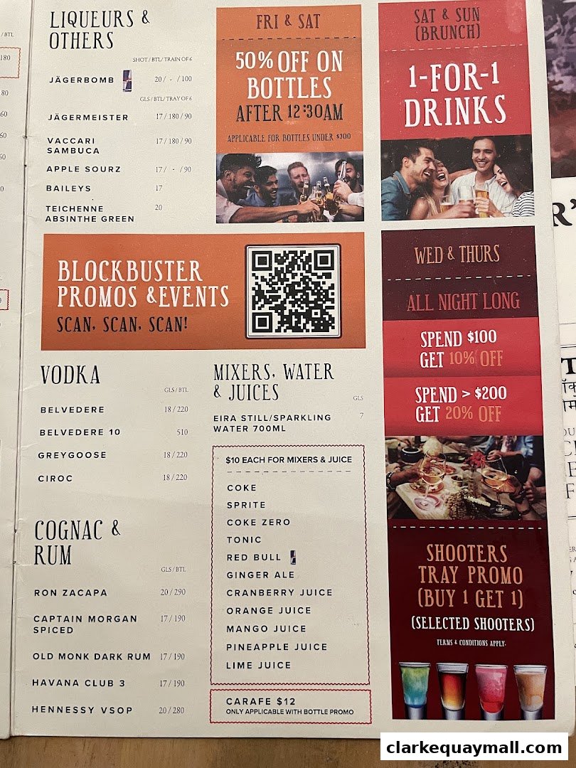 A menu for Gabbar Bistro Bar Clarke Quay, featuring drinks, promotions, and special offers.