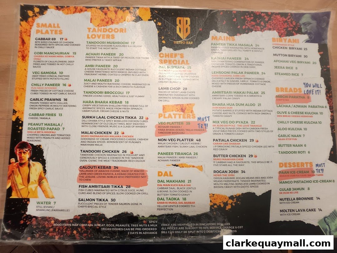 A menu for Gabbar Bistro Bar featuring Indian cuisine with categories like Small Plates, Tandoori Lovers, Mains, Biryani, and Desserts.