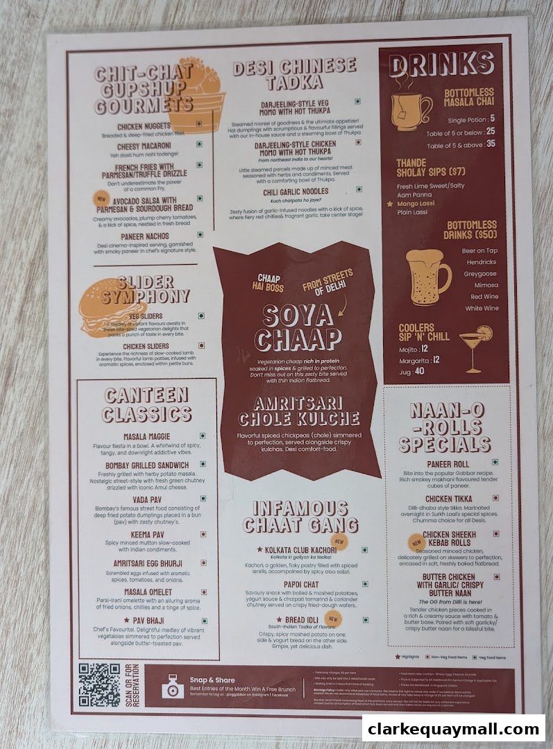 A menu from Gabbar Bistro Bar Clarke Quay featuring various Indian dishes and drinks.
