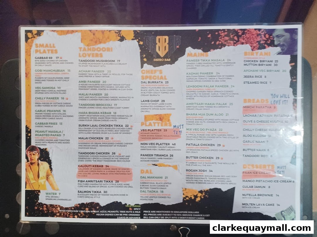 A menu for Gabbar Bistro Bar featuring Indian cuisine with categories like Small Plates, Tandoori Lovers, Mains, Biryani, and Desserts.