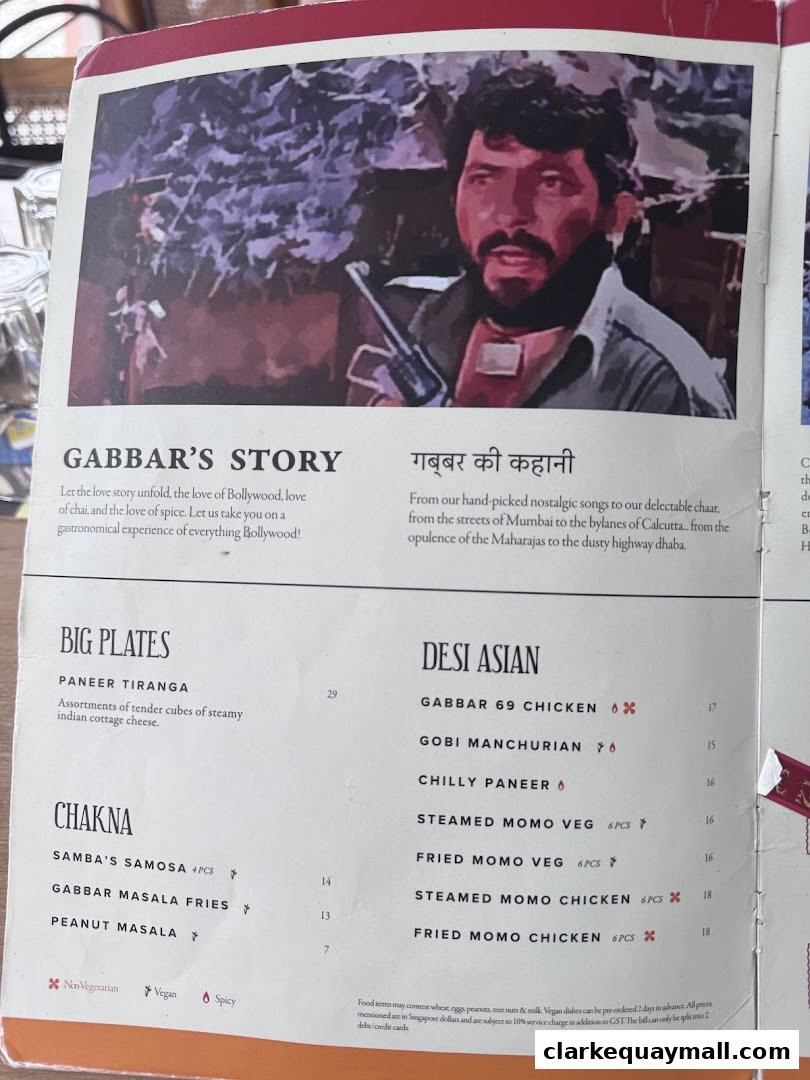 A menu from Gabbar Bistro Bar featuring Indian dishes and Bollywood-themed descriptions.