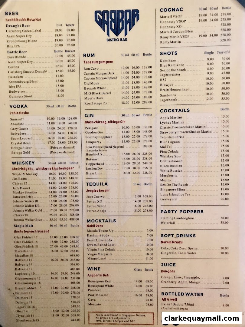 A menu for Gabbar Bistro Bar, featuring a wide selection of beers, spirits, cocktails, mocktails, wine, and soft drinks.