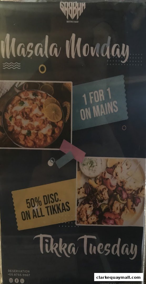 A promotional flyer for Gabbar Bistro Bar featuring 'Masala Monday' and 'Tikka Tuesday' specials.