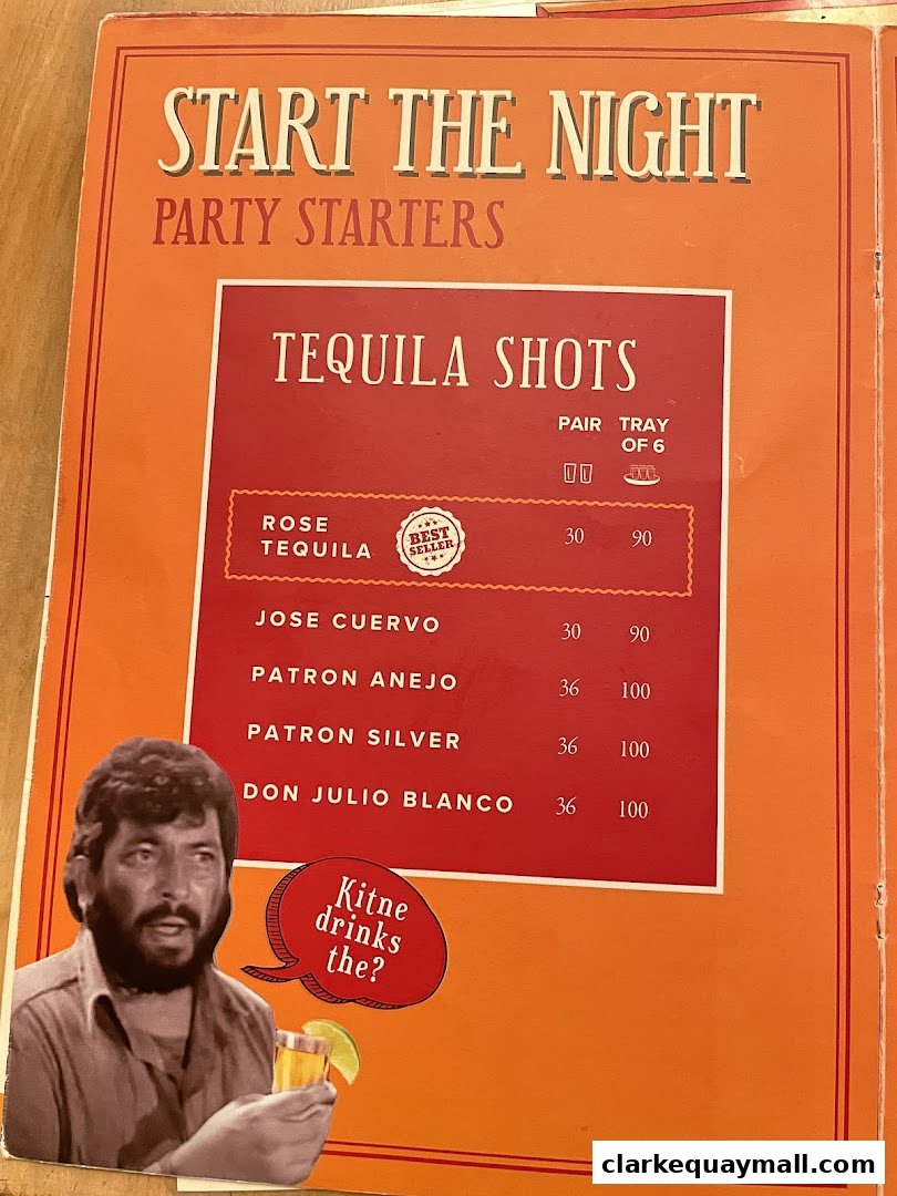 A menu section titled 'Tequila Shots' with various tequila brands and prices.