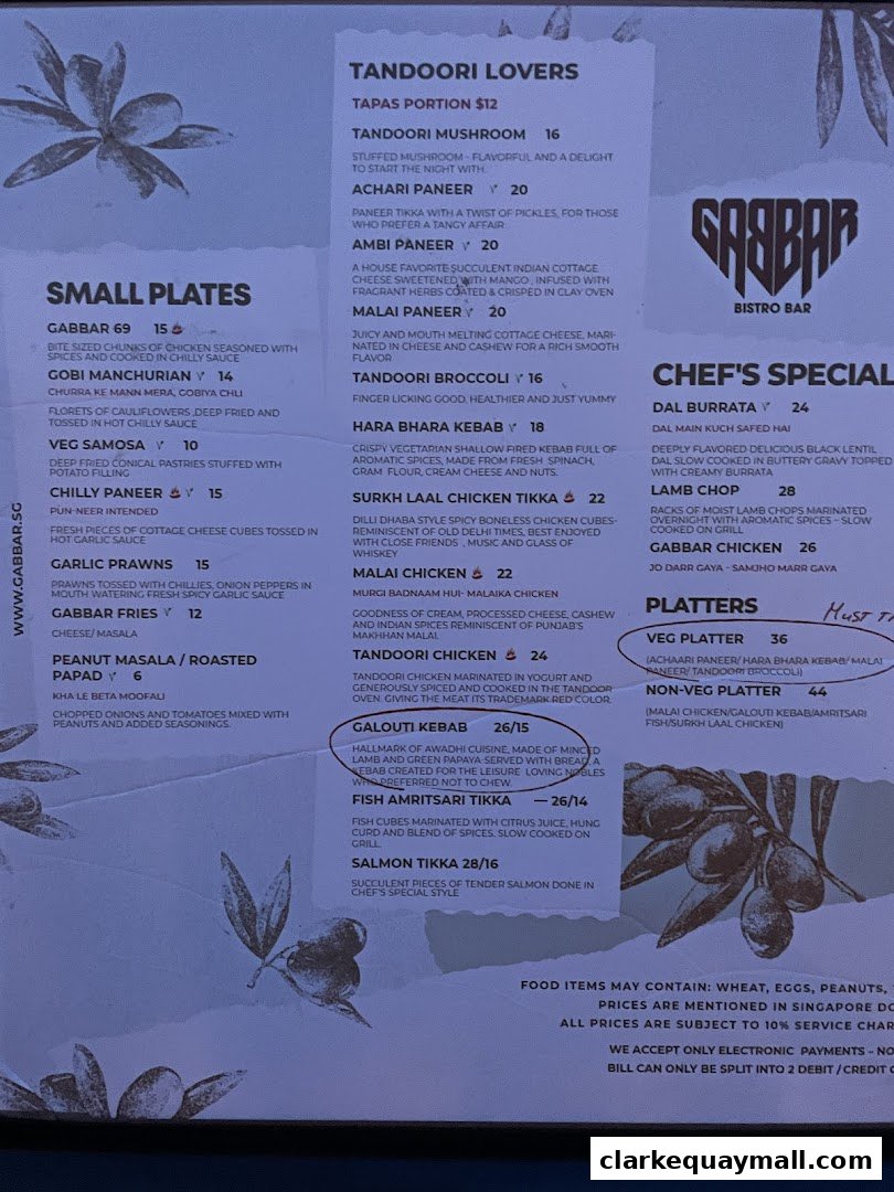 A menu from Gabbar Bistro Bar featuring Tandoori Lovers, Small Plates, and Chef's Specials.