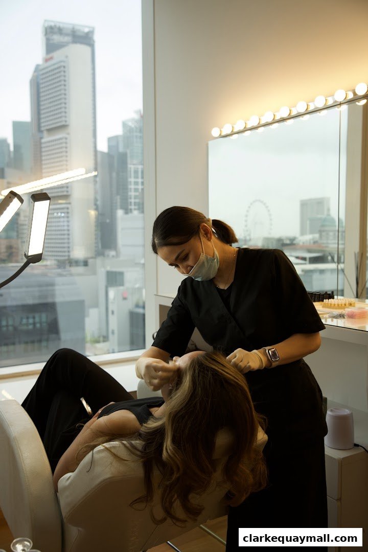 A beautician performs a facial treatment on a client in a well-lit room with a city view.