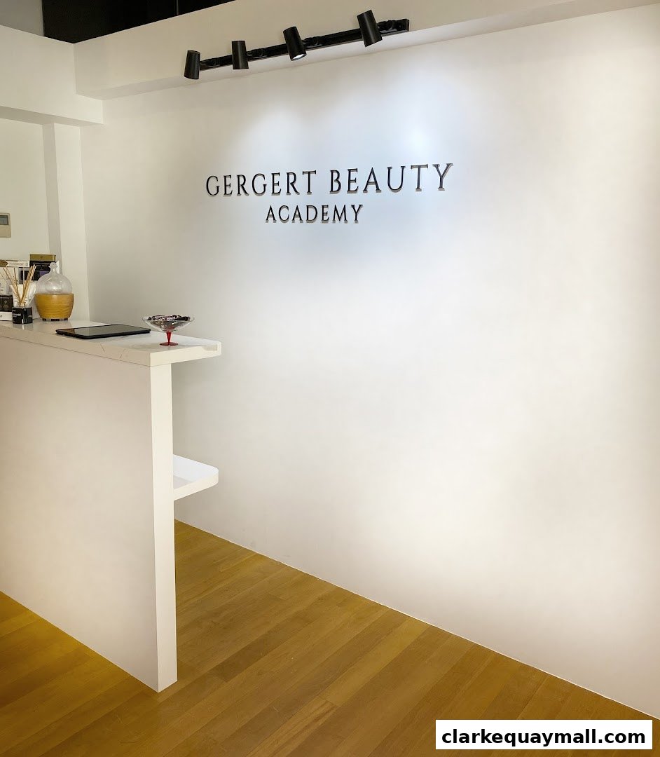 The reception area of Gergert Beauty Academy with the academy name on the wall.