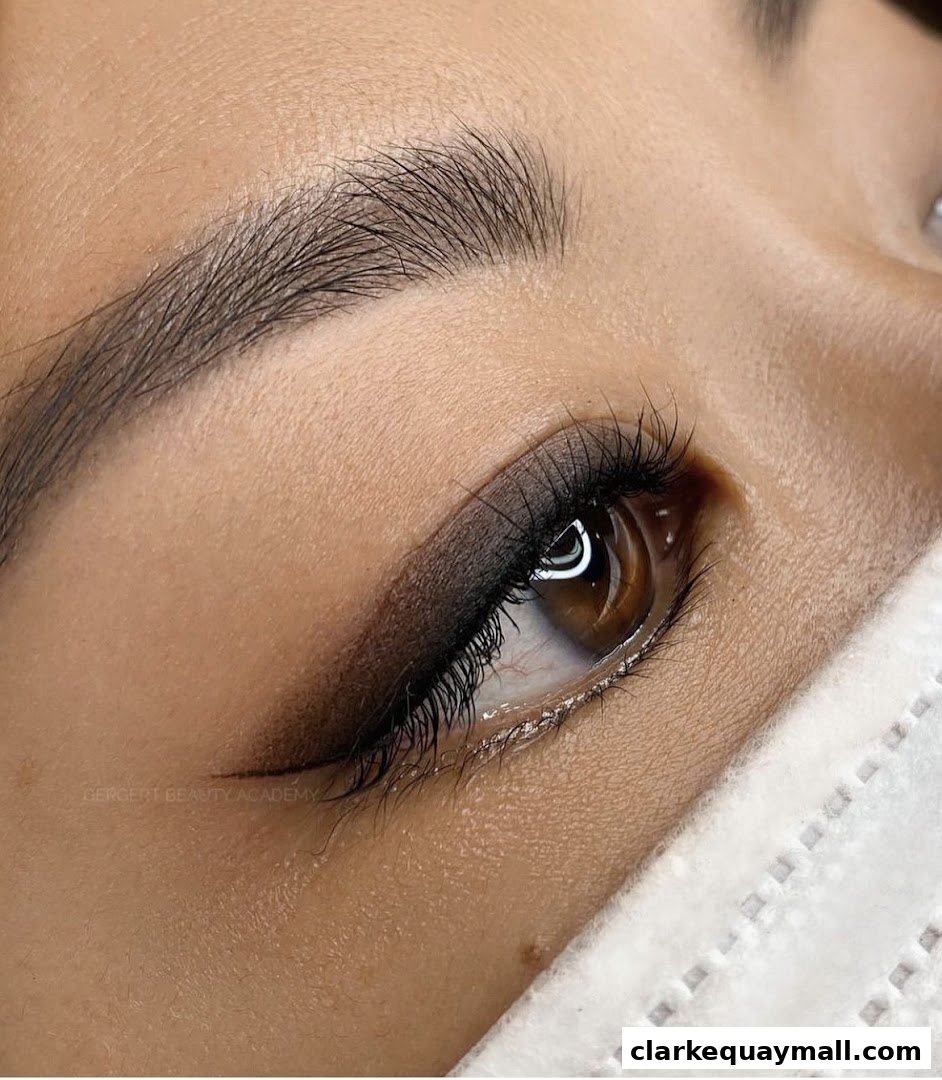 Close-up of a person's eye with expertly applied eyeliner and lashes.