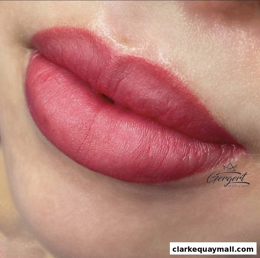 Close-up of perfectly shaped and colored lips, showcasing permanent makeup.