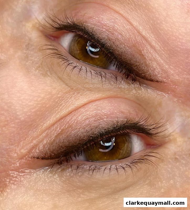 Close-up of a woman's eye showcasing expertly applied eyeliner and lashes.