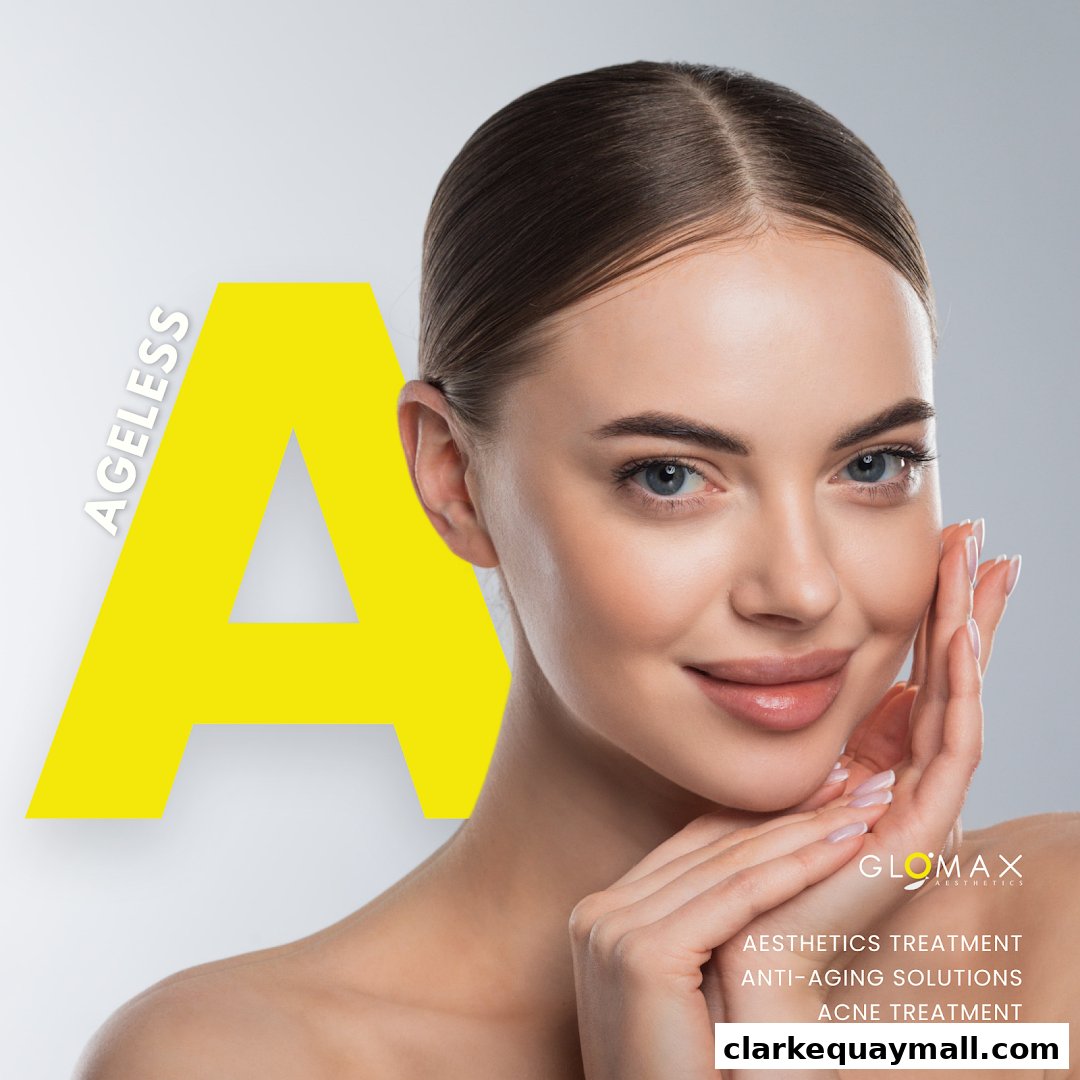 Aesthetic treatment advertisement featuring a woman's face with the word 'AGELESS' and 'A'.