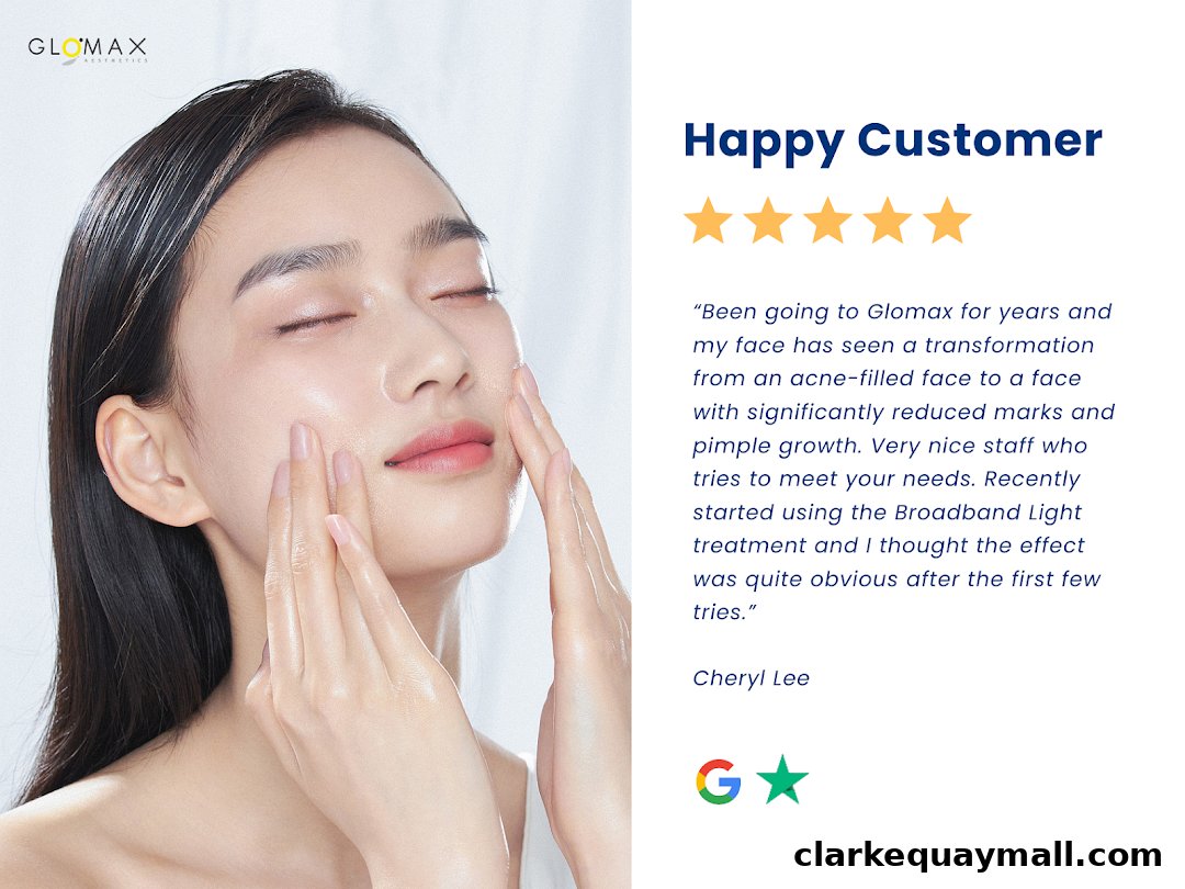A woman with clear skin applying product, with a customer testimonial.