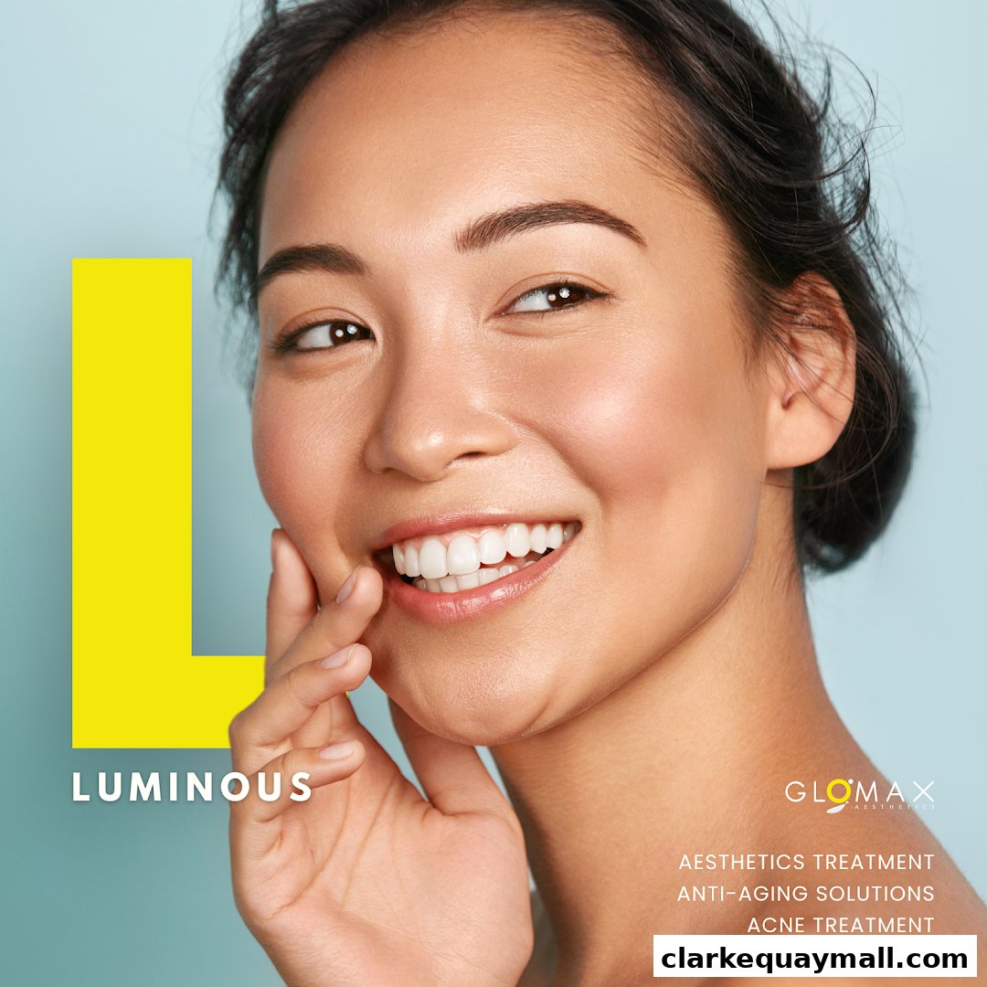 A smiling woman with clear, radiant skin, promoting aesthetic treatments.