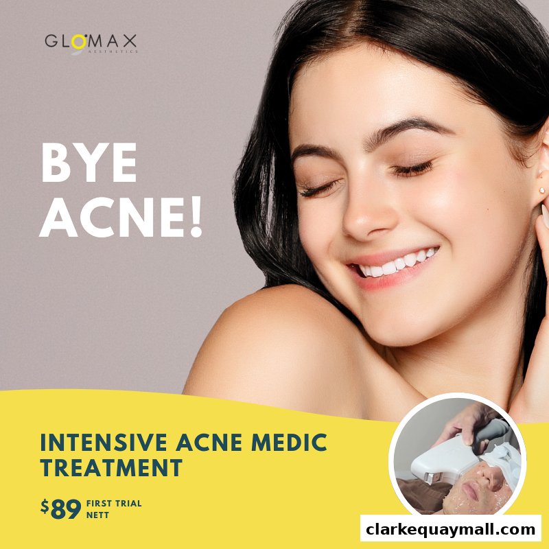 A woman with clear skin smiles, promoting an intensive acne medic treatment.