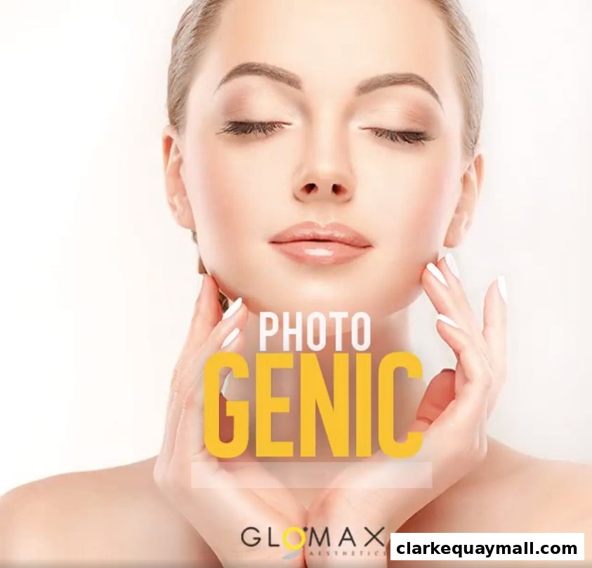 A woman's face with closed eyes, hands touching her cheeks, promoting a 'Photogenic' look.