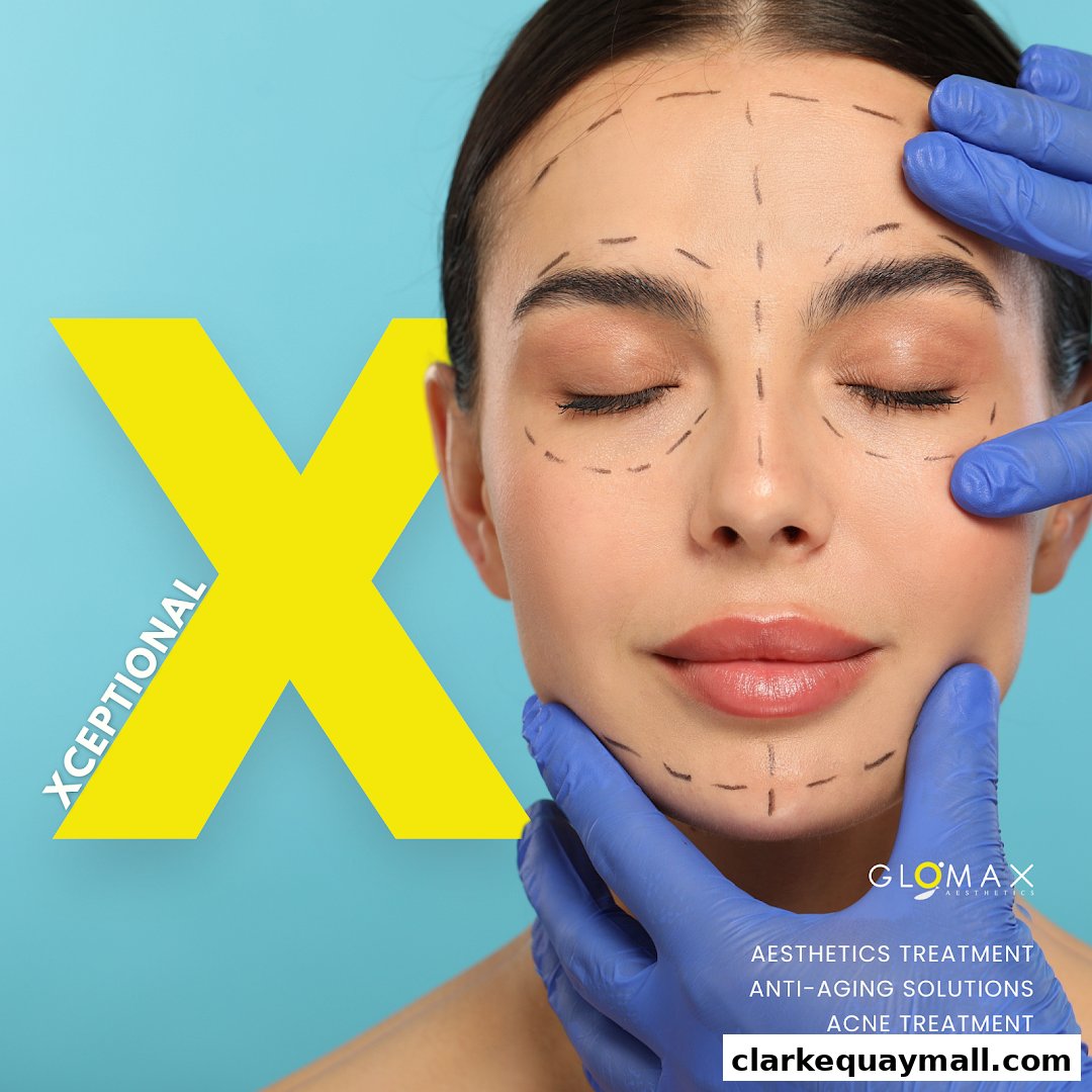 Aesthetic treatment with facial markings and gloved hands, promoting beauty and skin solutions.