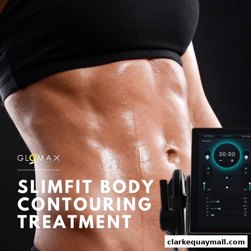 Close-up of a toned abdomen with a body contouring machine and display.