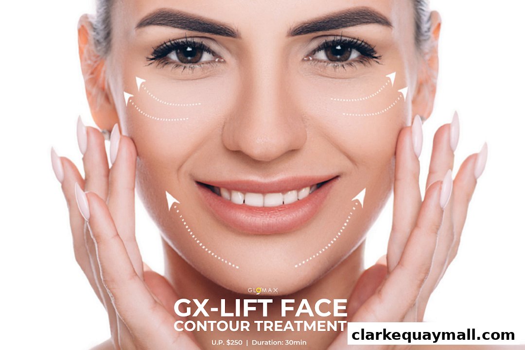 A woman's face with dotted lines indicating a facial contouring treatment.