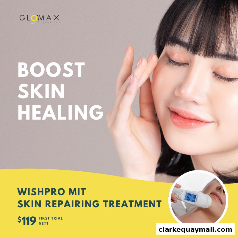 A woman with closed eyes touching her face, promoting a skin healing treatment.