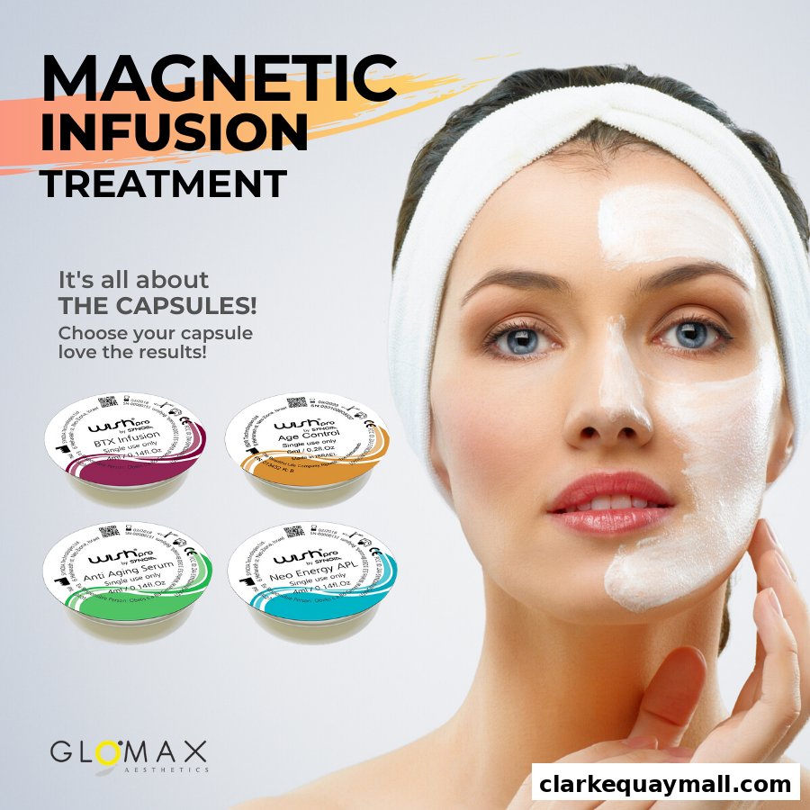 A woman with a facial treatment, showcasing four different treatment capsules.