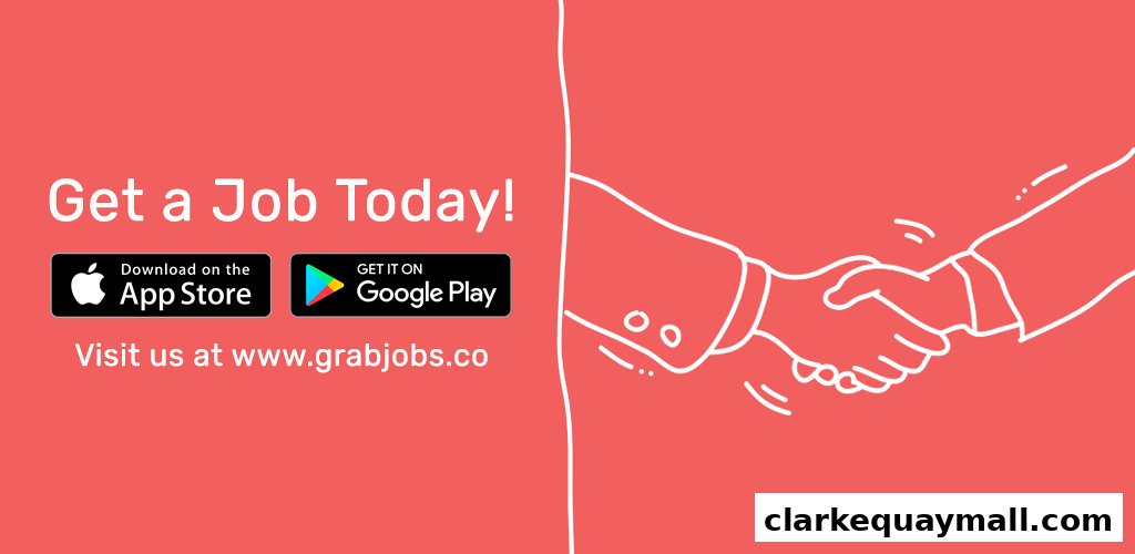 A graphic promoting GrabJobs with text, app store badges, and a handshake illustration.