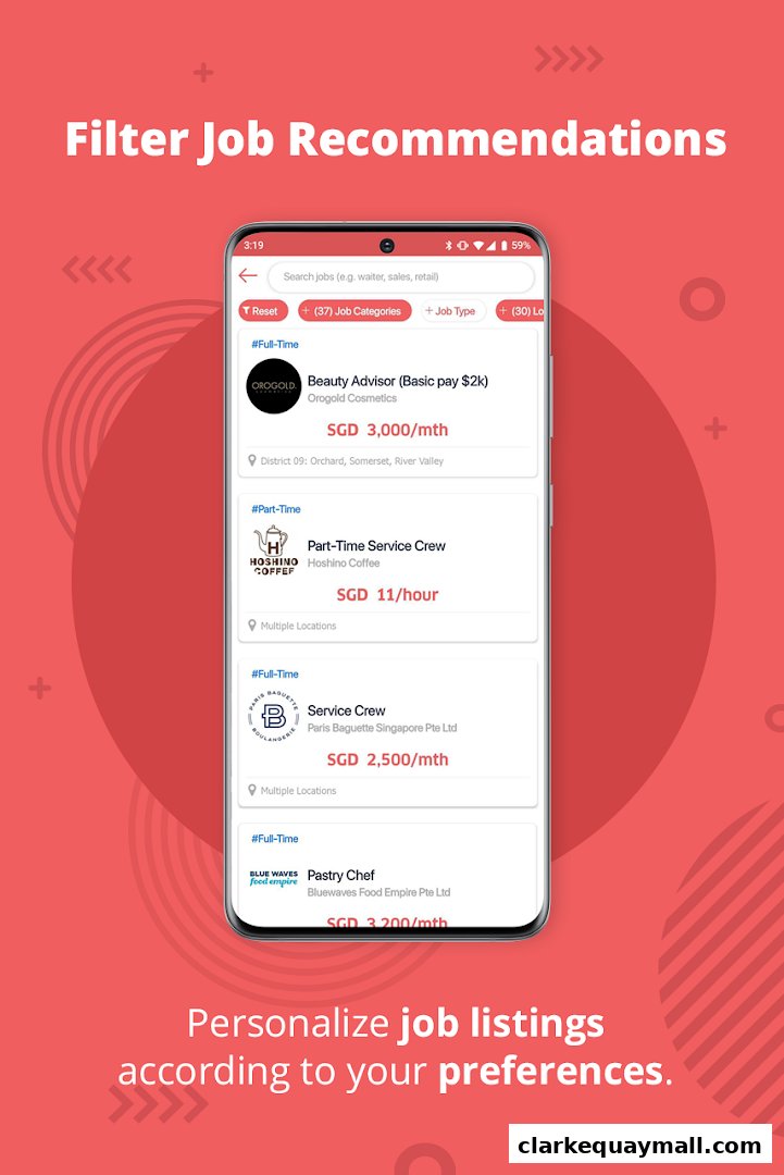A smartphone displaying job listings with filters for job type and categories.