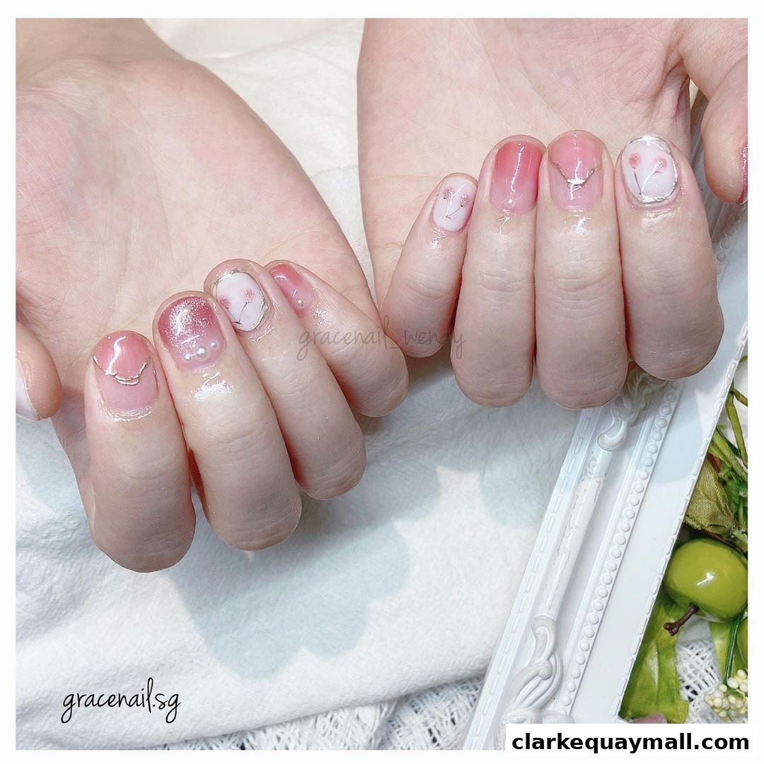 Close-up of hands with beautifully decorated pink and white gradient nails featuring floral designs and pearls.