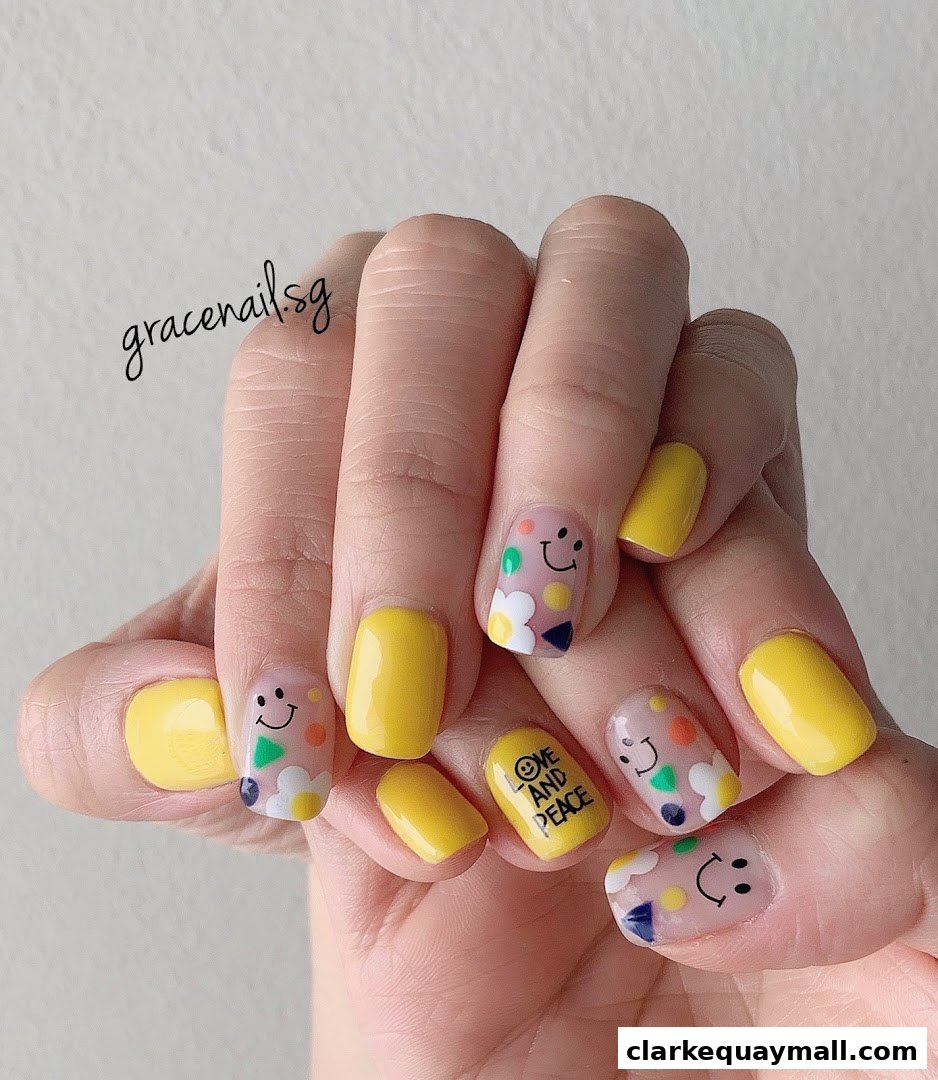 A hand showcasing bright yellow and clear nails with smiley face and abstract designs.