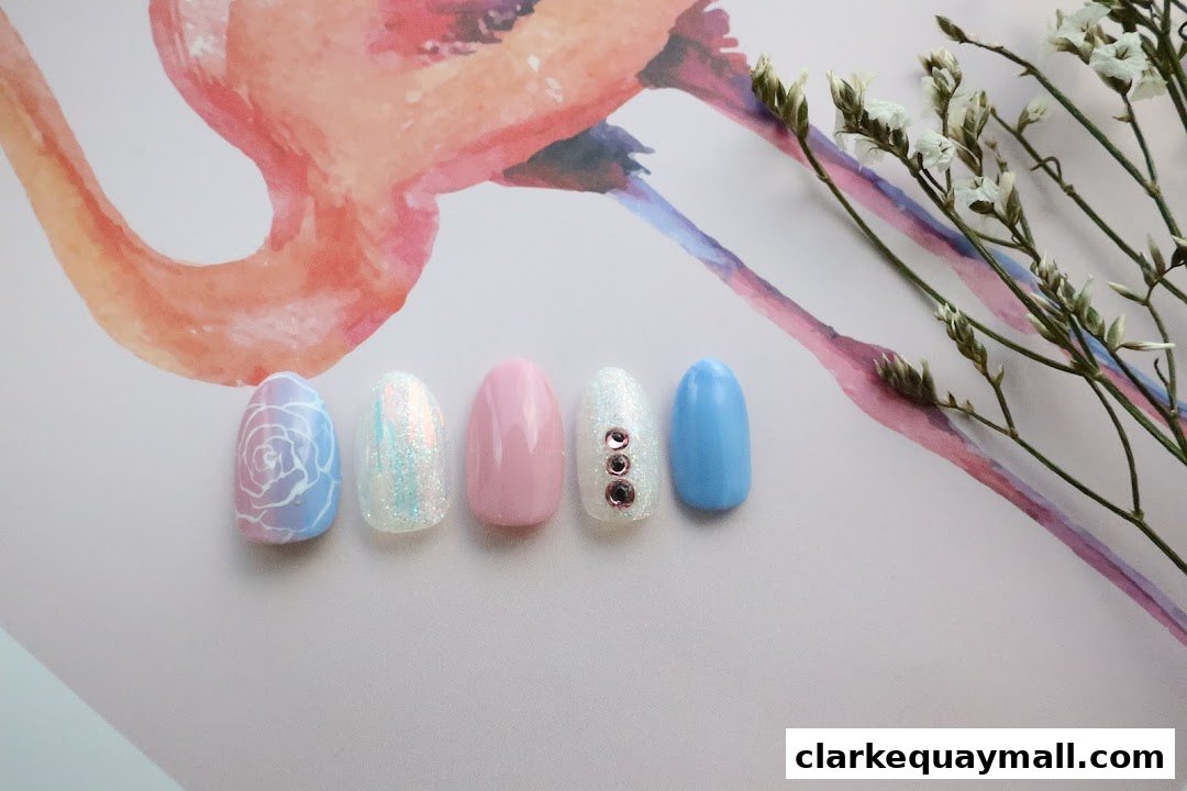 A collection of five beautifully designed artificial nails with various colors and embellishments.
