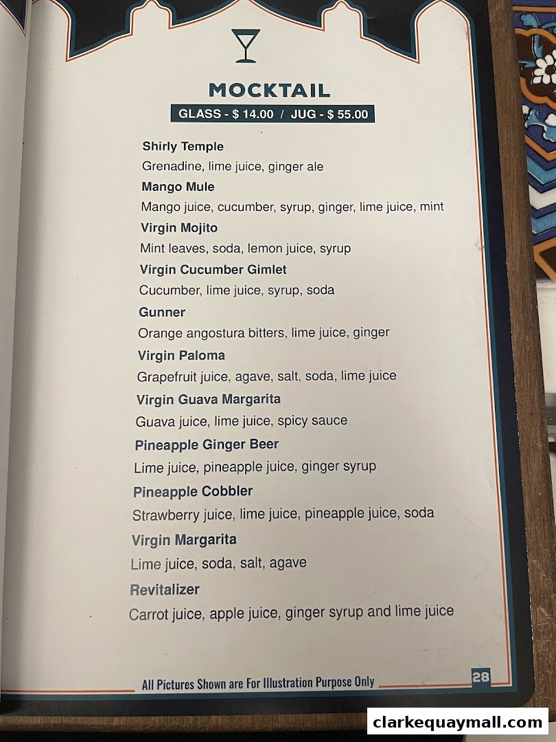 A menu page displaying various mocktail options with ingredients and prices.