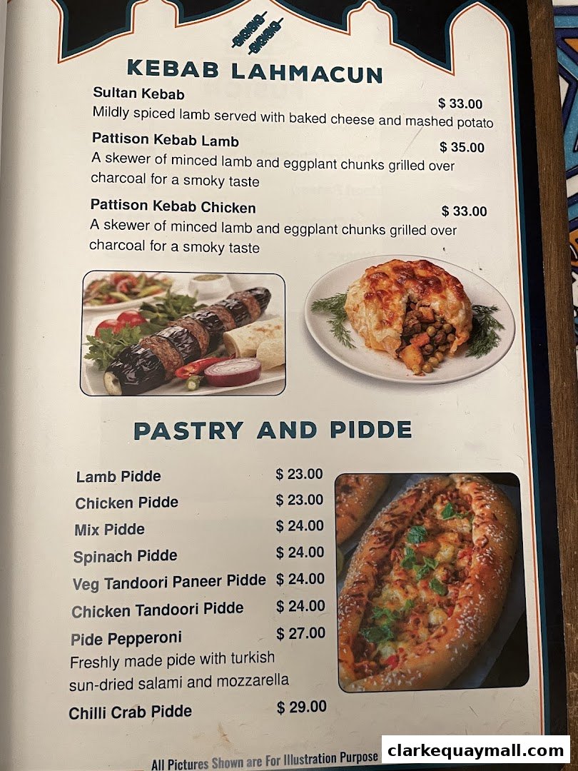 A menu featuring Turkish and Lebanese kebabs, lahmacun, and various types of pide.