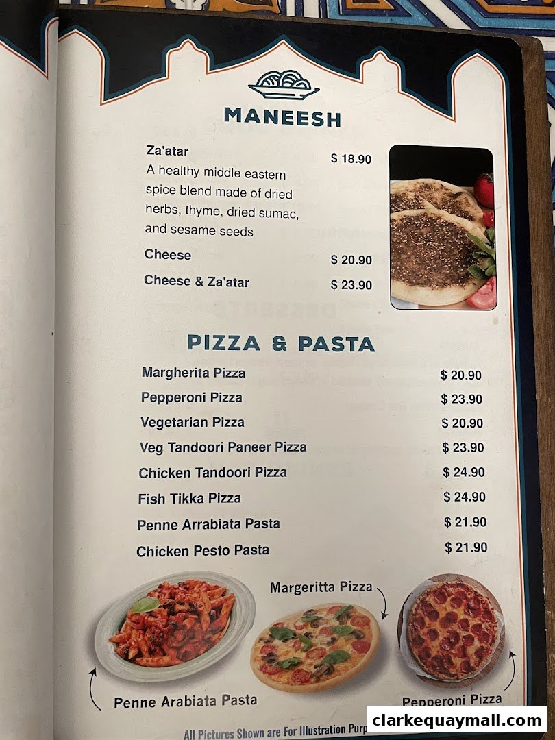 A menu page featuring Maneesh, Pizza, and Pasta dishes with prices and images.
