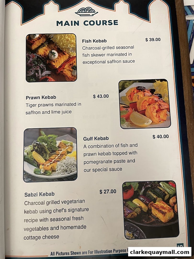 A menu page showcasing main course kebabs with enticing descriptions and prices.