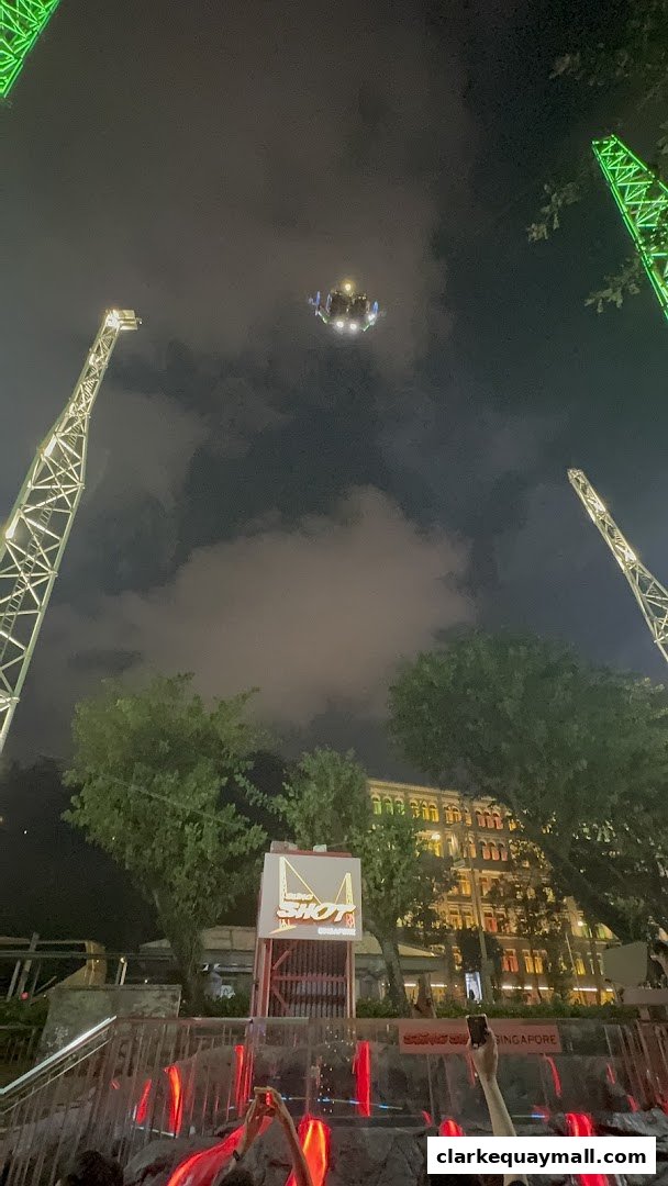 The GX-5 Extreme Swing attraction at night with people watching.