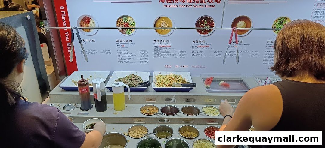 Customers select ingredients at a Haidilao Hot Pot sauce bar with a guide displayed.