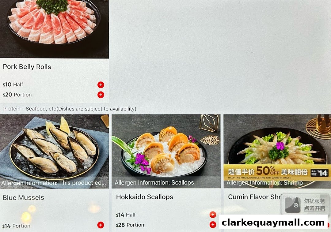 A digital menu displaying various seafood dishes for hot pot.