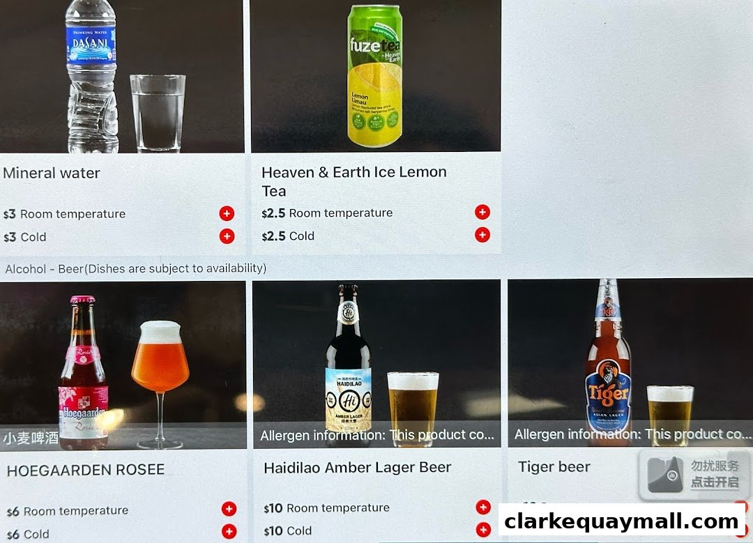 A menu display showing drinks including mineral water, iced tea, and various beers.