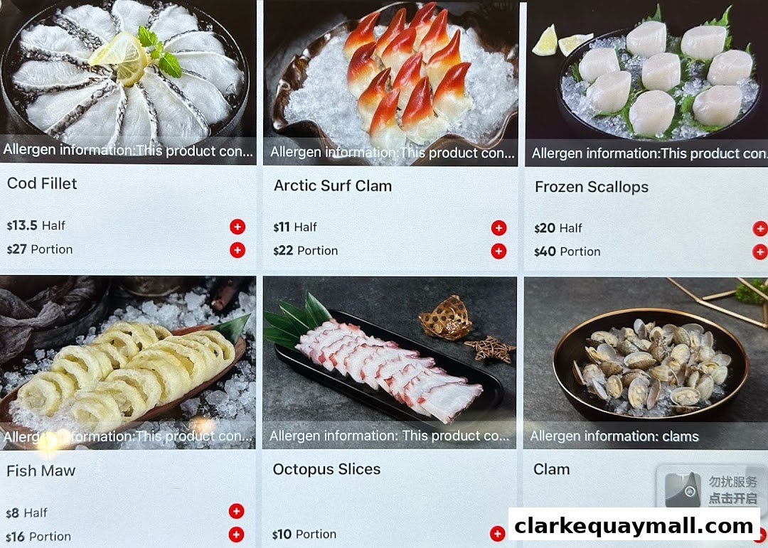 A menu display showing various seafood dishes with prices and portion sizes.